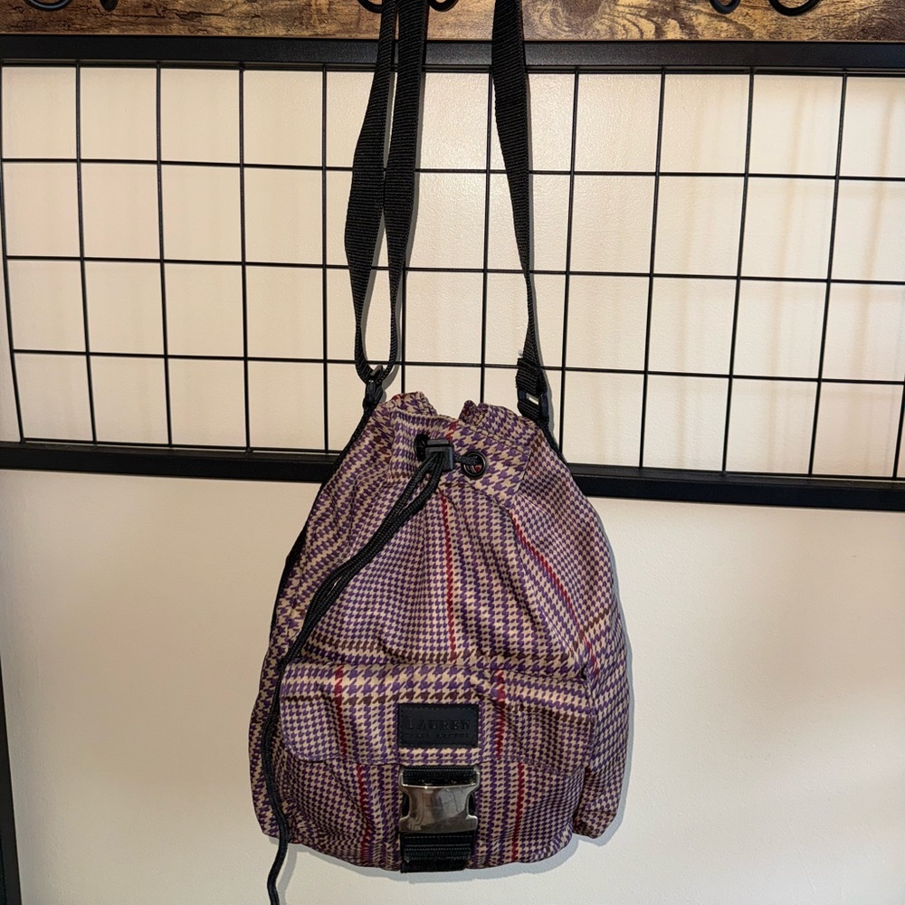 Lauren Ralph Lauren Nylon Houndstooth Shoulder Handbag Bucket Drawstring Y2K VTG